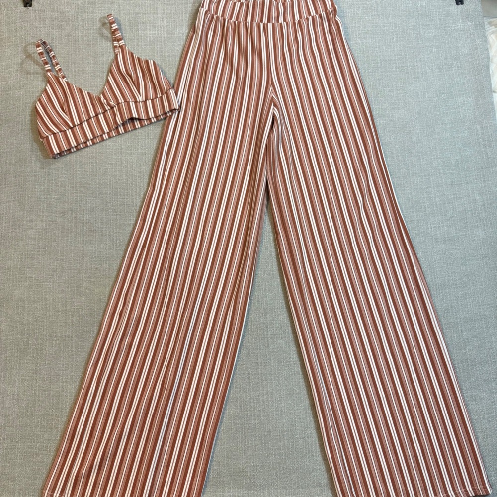 Boohoo 2 Piece Set Women US 4 Brown White Striped Crop Top Wide Leg Pants Boho